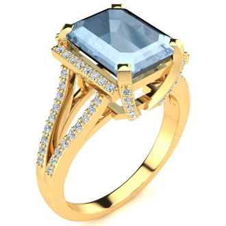 Aquamarine Ring: Aquamarine Jewelry: 3 1/2 Carat Aquamarine and Halo Diamond Ring In 14 Karat Yellow Gold
