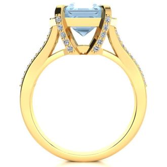 Aquamarine Ring: Aquamarine Jewelry: 4 Carat Aquamarine and Halo Diamond Ring In 14 Karat Yellow Gold
