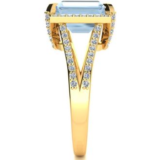 Aquamarine Ring: Aquamarine Jewelry: 3 1/2 Carat Aquamarine and Halo Diamond Ring In 14 Karat Yellow Gold
