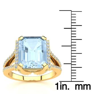 Aquamarine Ring: Aquamarine Jewelry: 4 Carat Aquamarine and Halo Diamond Ring In 14 Karat Yellow Gold
