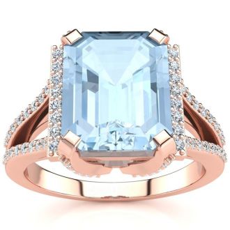 Aquamarine Ring: Aquamarine Jewelry: 4 Carat Aquamarine and Halo Diamond Ring In 14 Karat Rose Gold
