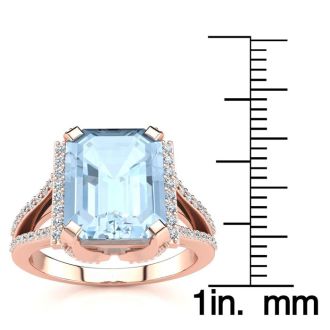 Aquamarine Ring: Aquamarine Jewelry: 3 1/2 Carat Aquamarine and Halo Diamond Ring In 14 Karat Rose Gold

