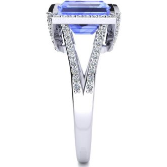 4 Carat Tanzanite and Halo Diamond Ring In 14 Karat White Gold
