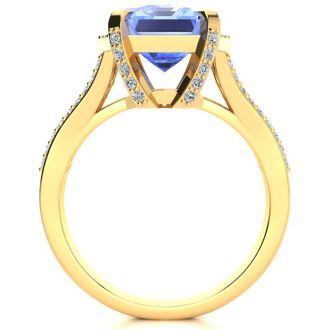 4 Carat Tanzanite and Halo Diamond Ring In 14 Karat Yellow Gold
