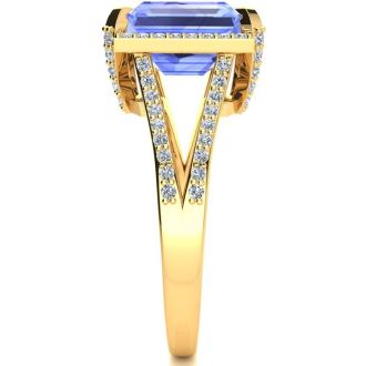 4 Carat Tanzanite and Halo Diamond Ring In 14 Karat Yellow Gold
