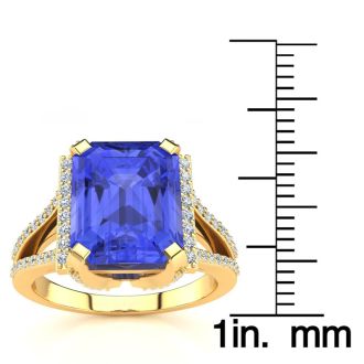 4 Carat Tanzanite and Halo Diamond Ring In 14 Karat Yellow Gold
