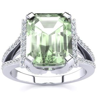 4 Carat Green Amethyst and Halo Diamond Ring In 14 Karat White Gold