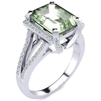 4 Carat Green Amethyst and Halo Diamond Ring In 14 Karat White Gold