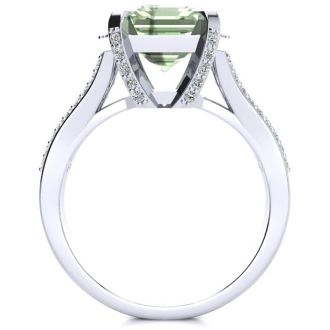 3 1/2 Carat Green Amethyst and Halo Diamond Ring In 14 Karat White Gold