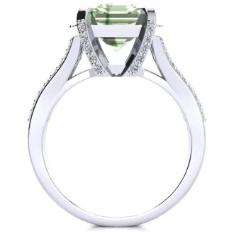 4 Carat Green Amethyst and Halo Diamond Ring In 14 Karat White Gold