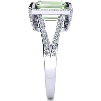 4 Carat Green Amethyst and Halo Diamond Ring In 14 Karat White Gold