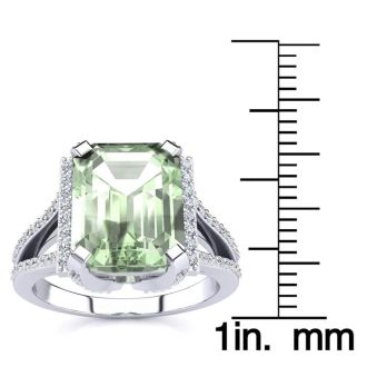 3 1/2 Carat Green Amethyst and Halo Diamond Ring In 14 Karat White Gold