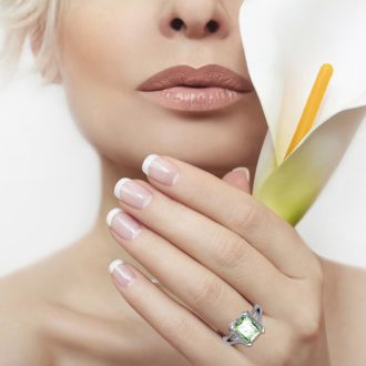 4 Carat Green Amethyst and Halo Diamond Ring In 14 Karat White Gold