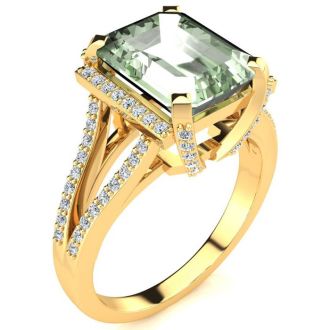 4 Carat Green Amethyst and Halo Diamond Ring In 14 Karat Yellow Gold