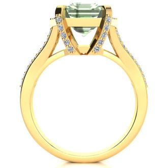 3 1/2 Carat Green Amethyst and Halo Diamond Ring In 14 Karat Yellow Gold
