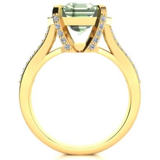4 Carat Green Amethyst and Halo Diamond Ring In 14 Karat Yellow Gold