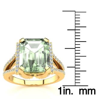 4 Carat Green Amethyst and Halo Diamond Ring In 14 Karat Yellow Gold