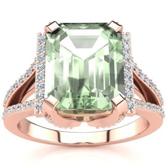 3 1/2 Carat Green Amethyst and Halo Diamond Ring In 14 Karat Rose Gold