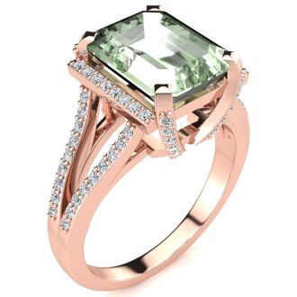 3 1/2 Carat Green Amethyst and Halo Diamond Ring In 14 Karat Rose Gold