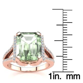 4 Carat Green Amethyst and Halo Diamond Ring In 14 Karat Rose Gold
