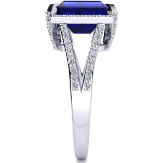 4 3/4 Carat Sapphire and Halo Diamond Ring In 14 Karat White Gold