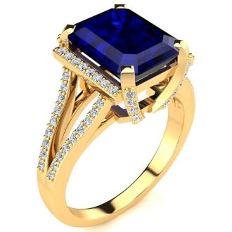 4 Carat Sapphire and Halo Diamond Ring In 14 Karat Yellow Gold