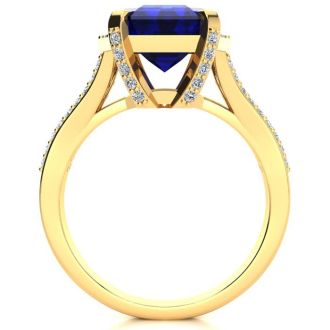 4 3/4 Carat Sapphire and Halo Diamond Ring In 14 Karat Yellow Gold