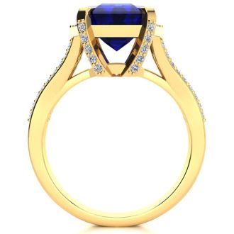 4 Carat Sapphire and Halo Diamond Ring In 14 Karat Yellow Gold