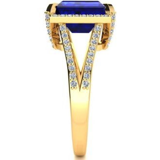 4 Carat Sapphire and Halo Diamond Ring In 14 Karat Yellow Gold