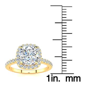 2 1/2 Carat Cushion Cut Halo Diamond Engagement Ring in 14 Karat Yellow Gold