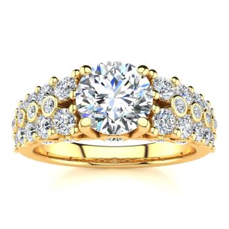 14K Yellow Gold 2 1/3 Carat Fancy Diamond Engagement Ring, With 1.25 Carat Center