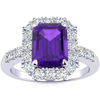 2 Carat Amethyst and Halo Diamond Ring In 14 Karat White Gold