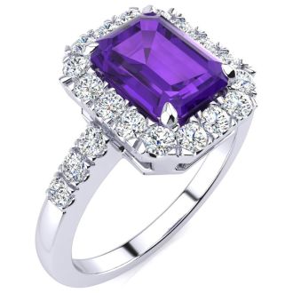 2 Carat Amethyst and Halo Diamond Ring In 14 Karat White Gold