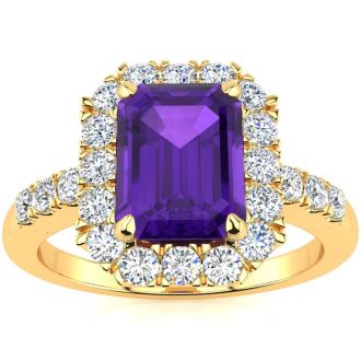 2 Carat Amethyst and Halo Diamond Ring In 14 Karat Yellow Gold