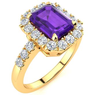 2 Carat Amethyst and Halo Diamond Ring In 14 Karat Yellow Gold