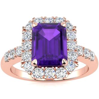 2 Carat Amethyst and Halo Diamond Ring In 14 Karat Rose Gold