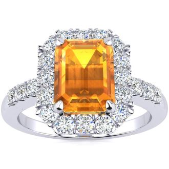 2 Carat Citrine and Halo Diamond Ring In 14 Karat White Gold