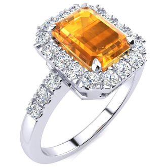 2 Carat Citrine and Halo Diamond Ring In 14 Karat White Gold
