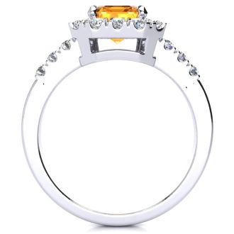 2 Carat Citrine and Halo Diamond Ring In 14 Karat White Gold