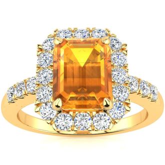 2 Carat Citrine and Halo Diamond Ring In 14 Karat Yellow Gold