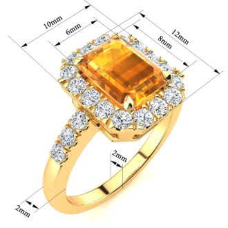 2 Carat Citrine and Halo Diamond Ring In 14 Karat Yellow Gold