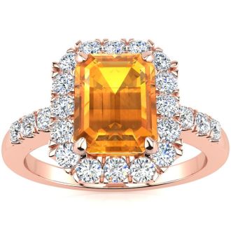 2 Carat Citrine and Halo Diamond Ring In 14 Karat Rose Gold