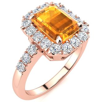 2 Carat Citrine and Halo Diamond Ring In 14 Karat Rose Gold
