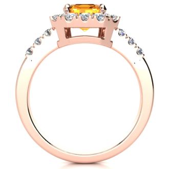 2 Carat Citrine and Halo Diamond Ring In 14 Karat Rose Gold