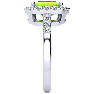 2 1/4 Carat Peridot and Halo Diamond Ring In 14 Karat White Gold