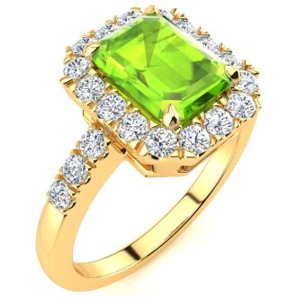 2 1/4 Carat Peridot and Halo Diamond Ring In 14 Karat Yellow Gold