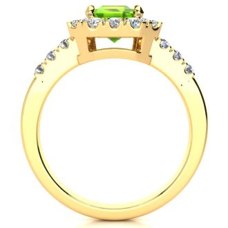 2 1/4 Carat Peridot and Halo Diamond Ring In 14 Karat Yellow Gold