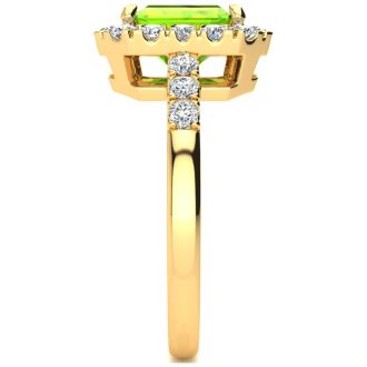 2 1/4 Carat Peridot and Halo Diamond Ring In 14 Karat Yellow Gold