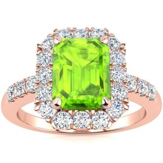 2 1/4 Carat Peridot and Halo Diamond Ring In 14 Karat Rose Gold