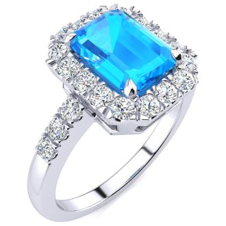 2 1/2 Carat Blue Topaz and Halo Diamond Ring In 14 Karat White Gold
